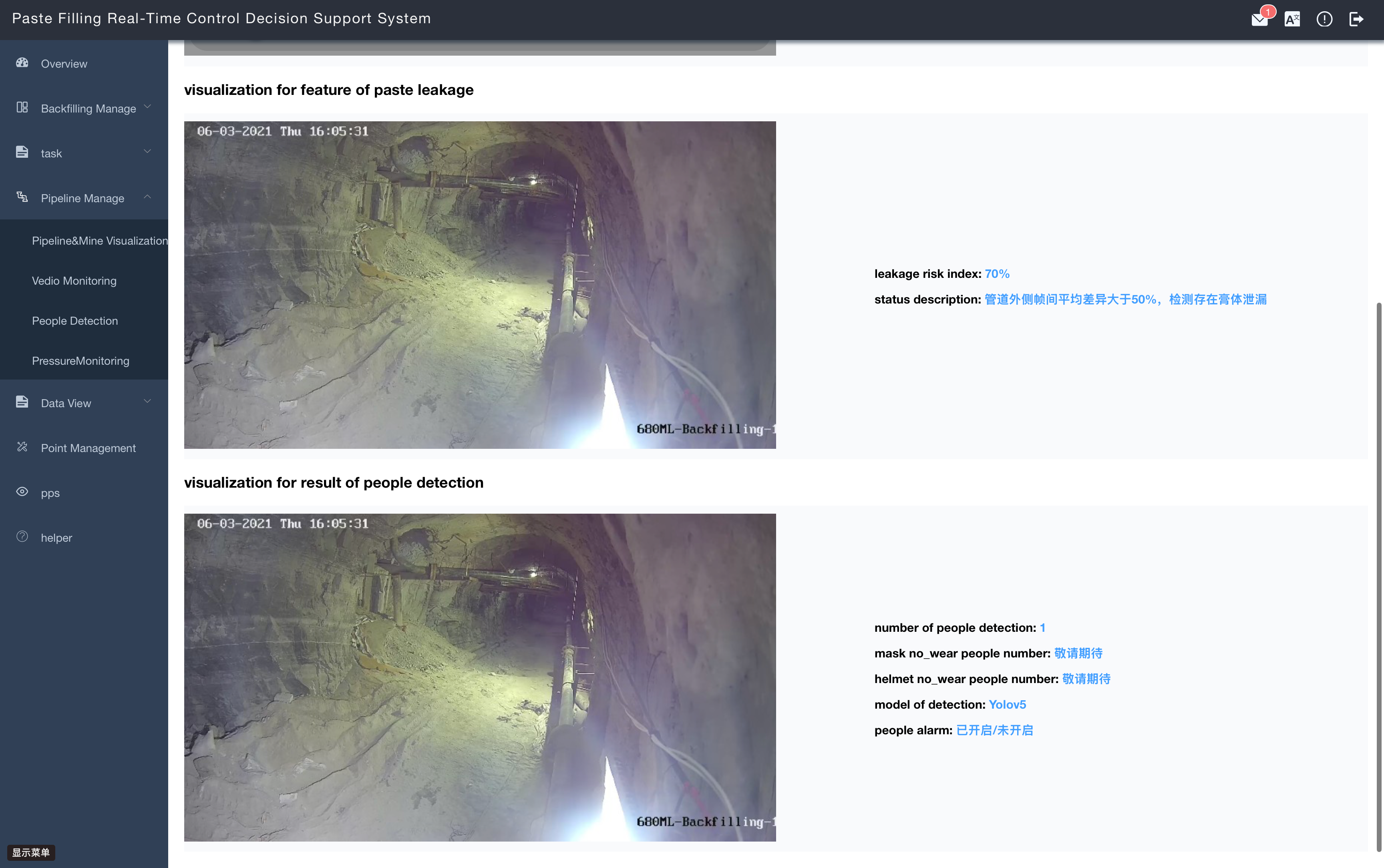 AI-based paste leakage detection and people detection with live underground video feed